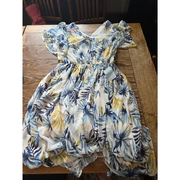 NWT GAL MEETS GLAM Kiki Chiffon Flutter Sleeve Maxi Dress Blue Gold Leaf Sz 14 - Picture 2 of 6